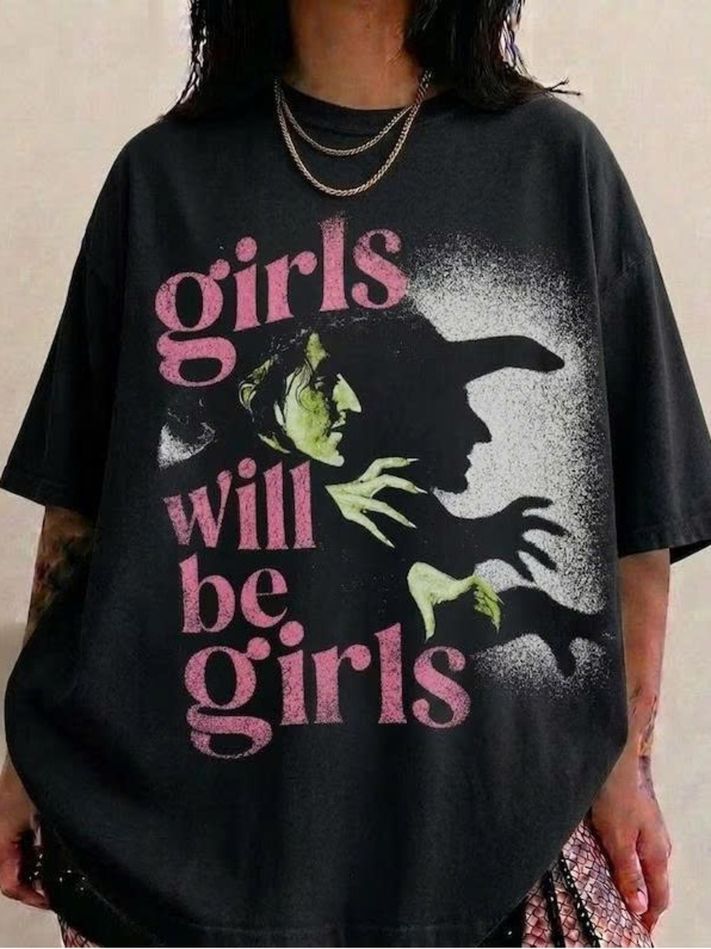 Gildan Black Tee with Pink Slogan and Green Witch Graphic